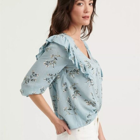 Lucky Brand Taylor Ruffle Peasant Blouse Blue - Small - Picture 2 of 16